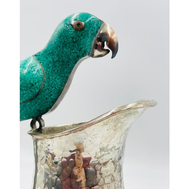 Silver 1960s Alfredo Villasana Taxco Turquoise Parrot Silver Plate Pitcher, Mexican Silver For Sale - Image 8 of 16