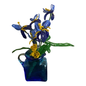 1930s French Beaded Iris Flower Bouquet in Blue Glass Vase