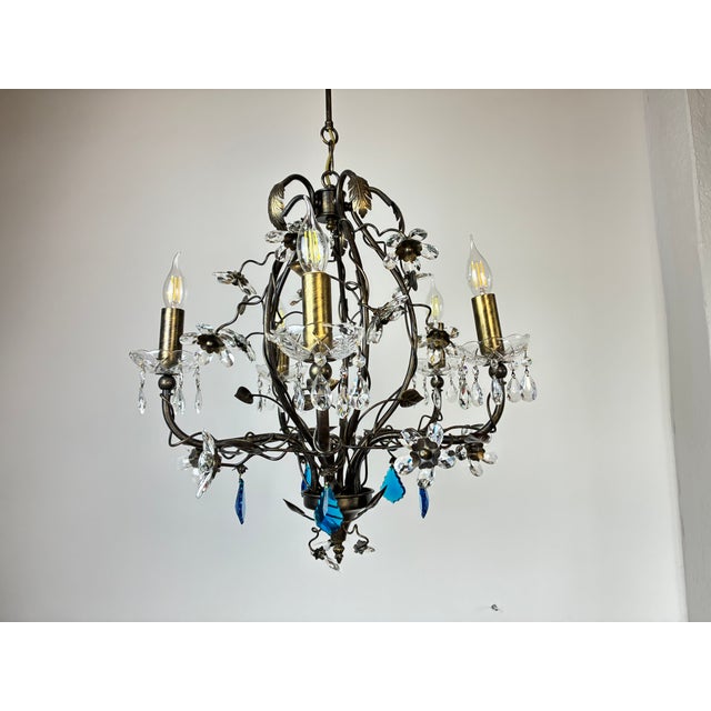 Aqua Large Vintage 1990s Wrought Iron Floral Chandelier With Crystal Flowers & Aqua Blue Stones Details For Sale - Image 8 of 17