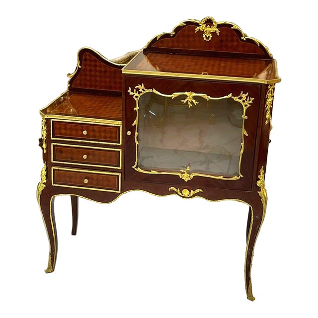 Louis XV Style Marquetry Bedside Cabinet With 3 Drawers and Glass Door For Sale