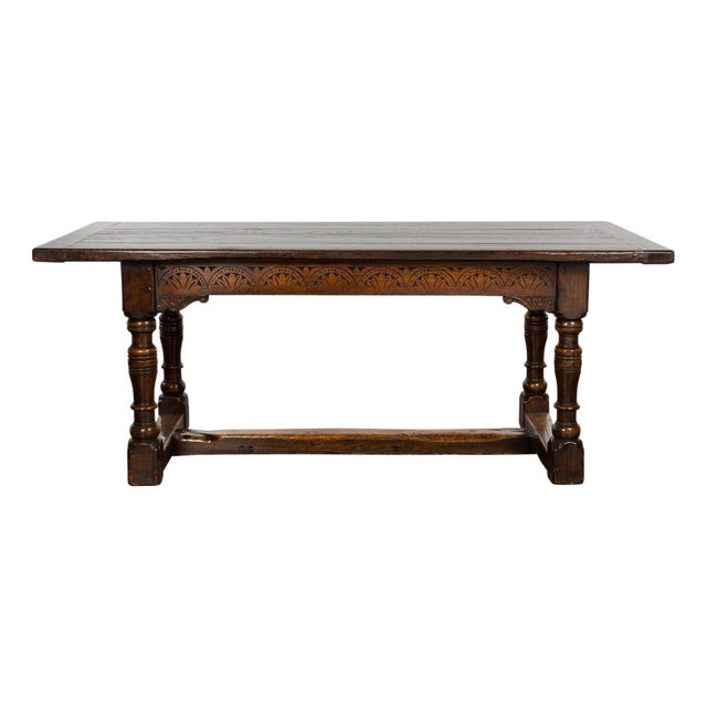 19th Century English Oak Table with Carved Apron and Turned Legs For Sale