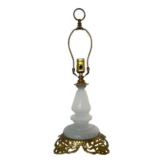 1950s Hollywood Regency Opaline Milk Glass & Cast Brass Accent Lamp For Sale