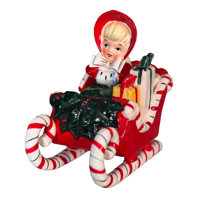 1956 Lefton Ceramic Shopper Girl in Sleigh For Sale