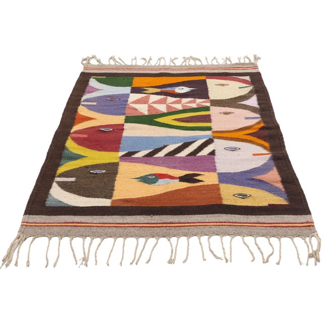 Mid-Century Modern Vintage Tessellated Fish Zapotec Kilim Rug, 02'08 X 04'09 For Sale - Image 3 of 10