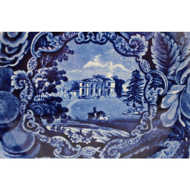 Flow blue stone china plate, 1822-1841, by Swan Bank pottery, England. The plate features "R. Hall's Select Views. Pains...