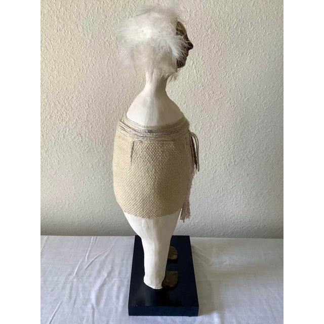 1980s Naida Seibel Mixed Media Figurative Sculpture With Brass Face & Feather Adornment, 27” H For Sale - Image 9 of 10