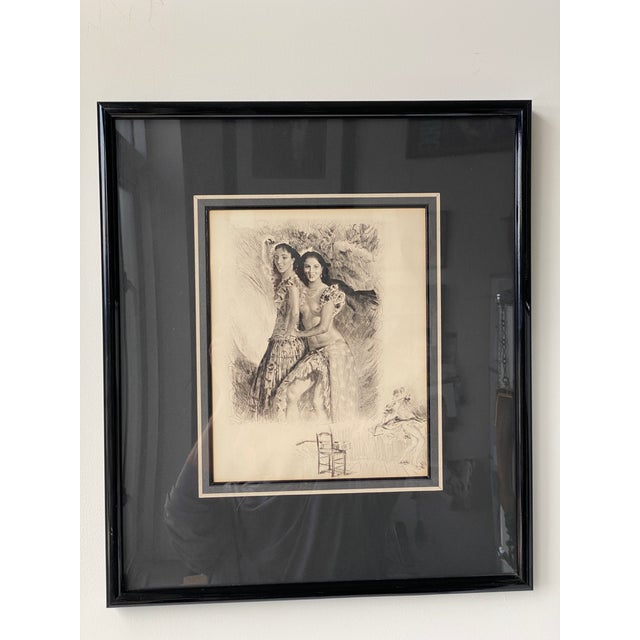 Framed Vintage 1940's erotic drypoint etching on wove paper of Flamenco Dancers in the manner of Pierre Emile Becat with...
