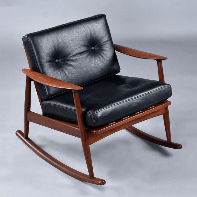 MM Moreddi Pair of Restored Moreddi 1950's Danish Teak Rocking Chairs in Black Leather For Sale - Image 4 of 11