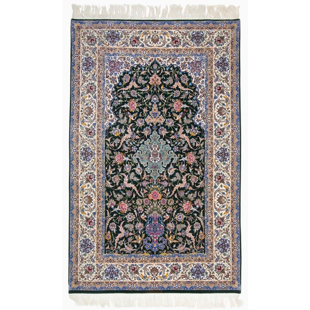 Islamic Vintage Zabihi Collection Silk Warp Green Persian Isfahan Prayer Rug - 5'3" x 8'5" For Sale - Image 3 of 12