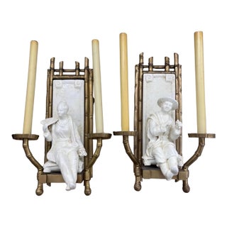 Vintage Chapman Chinoiserie Faux Bamboo Brass, Ceramic Two-Light Sconces, a Pair For Sale