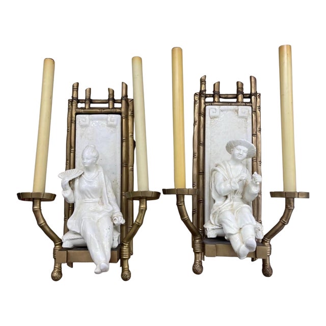 Vintage Chapman Chinoiserie Faux Bamboo Brass, Ceramic Two-Light Sconces, a Pair For Sale