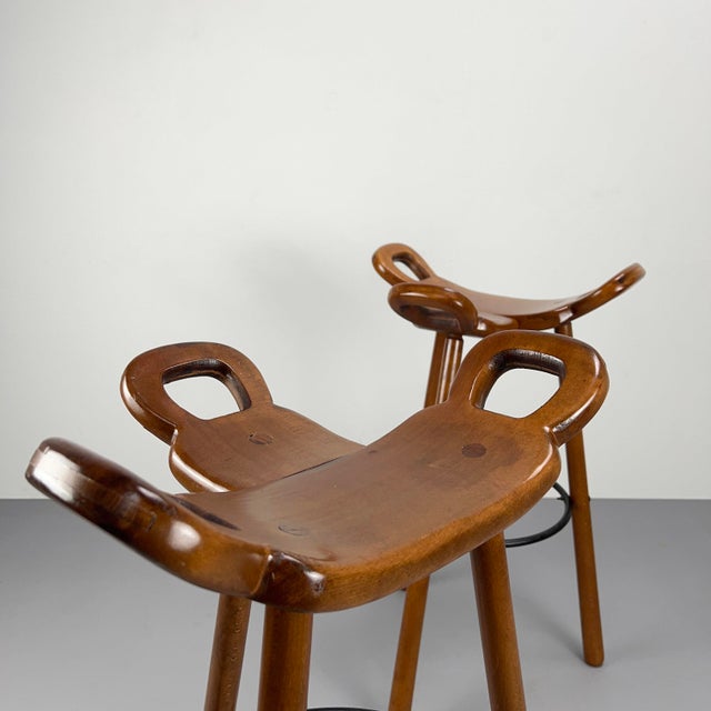 Brutalist Bar Stools in Stained Beech, 1970s, Set of 2 For Sale - Image 6 of 8