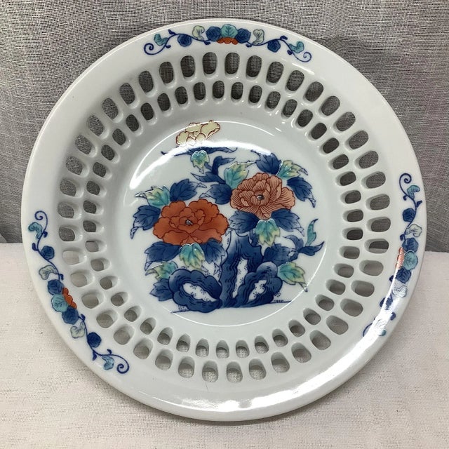 Vintage Asian Hand-Painted Peony With Open Work Porcelain Bowl in Blue & Salmon, Signed. For Sale - Image 9 of 9
