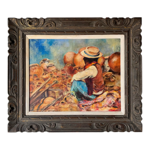 Vintage Jean Donnell " Pot Seller" Impressionist Oil Paint on Canvas, Framed
