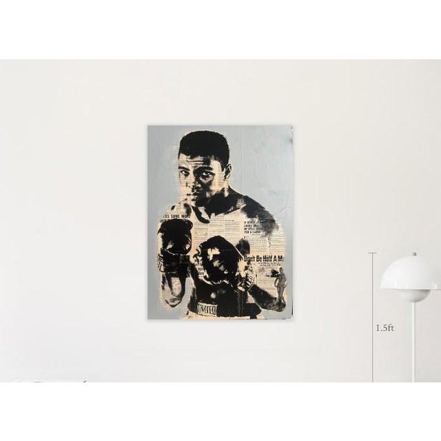 Monochromatic Pop Art Portrait of boxing great Muhammad Ali. Found vintage boxing magazine pages adhered on 1/2 inch thick...