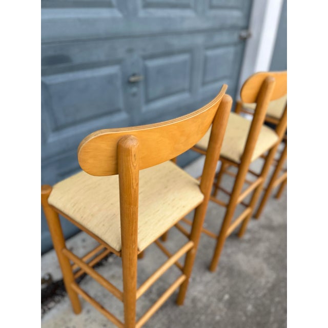 Wood Danish Modern Bar Stools With Newly Upholstered Seat Cushions in the Style of Hans Wegner For Sale - Image 7 of 13