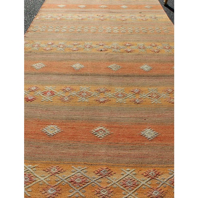 Vintage Hand Woven Turkish Kilim Colorful Stripe Runner With Tribal Motifs For Sale In Atlanta - Image 6 of 12
