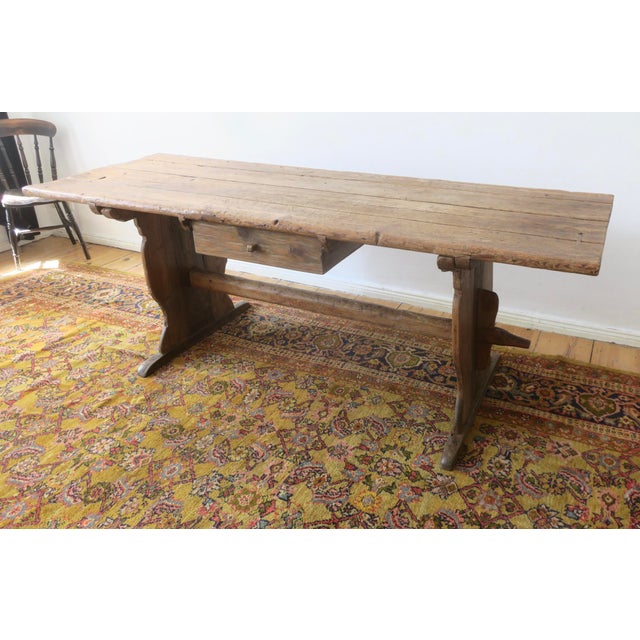 Large Antique Pine Trestle Dining Table with Drawer, 1780 For Sale - Image 12 of 14