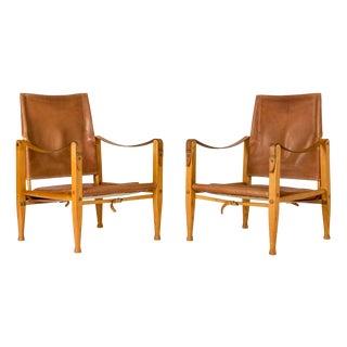 Vintage Safari Lounge Chairs in Cognac Leather by Kaare Klint for Rud Rasmussen, 1960s, Set of 2 For Sale