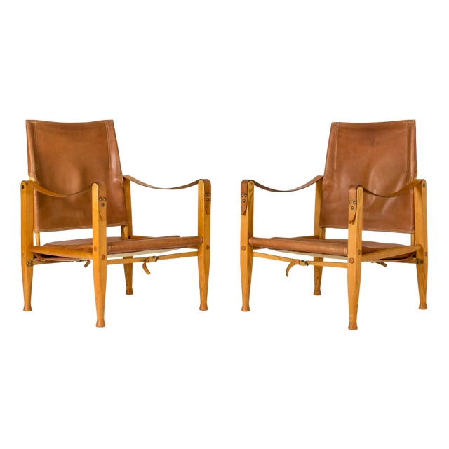 Vintage Safari Lounge Chairs in Cognac Leather by Kaare Klint for Rud Rasmussen, 1960s, Set of 2 For Sale