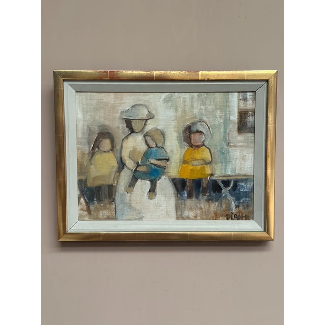 Original Vintage Scandinavian Oil on Canvas – “Familj” by Pia Hesselmark‑Campbell – Signed – Framed – 38 × 30 cm (15" ×...