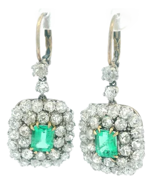 Victorian Platinum and Gold Emerald & Diamond Drop Earrings, 1890s