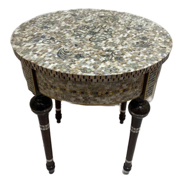 Handmade Mother of Pearl Inlay End Table – 20” Wood Accent Table – Luxury Egyptian Artisan Furniture For Sale