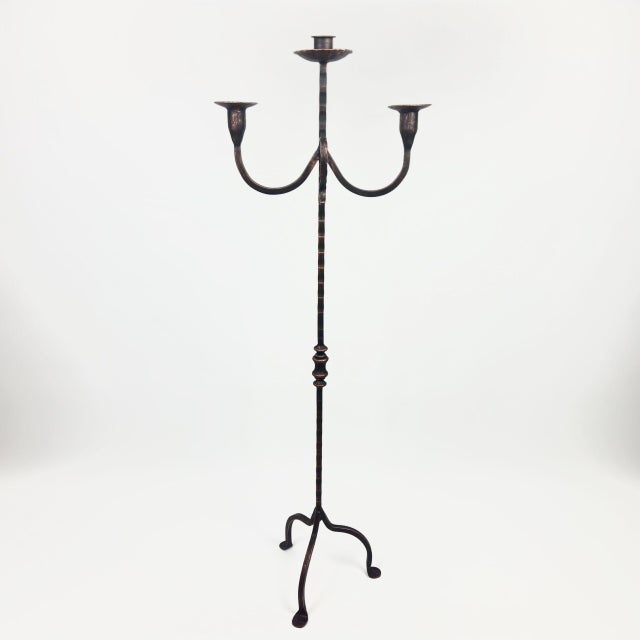 Metal Hand Forged Iron Floor Candelabra 49″ (124cm) Antique Copper or Gold Patina 3-Arm Twist Stem Candle Holder Rustic Decor For Sale - Image 7 of 11