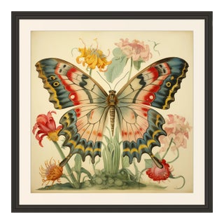 18' X 18' Framed 'Butterfly and Flowers' Watercolor Botanical Fine Art Print #20 For Sale