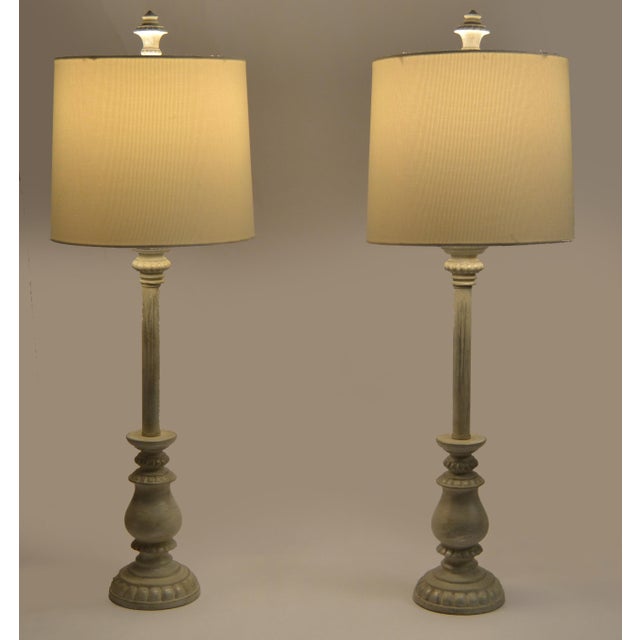 Pair of Mid-Century Modern Florentine distressed silver painted wood, classic candlestick silhouette, Italian Style Table...