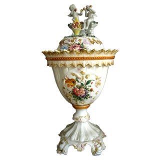 Vintage White Ceramic Vase with Lid and Floral Decoration from Bassano For Sale