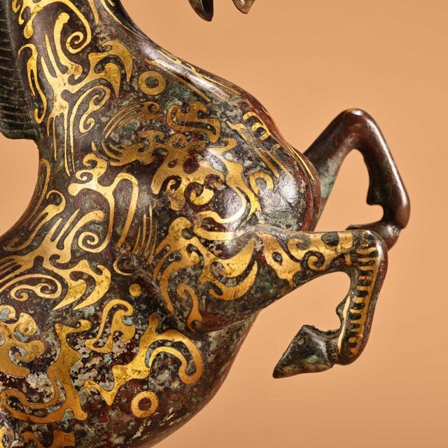 Asian Pair of Vintage Bronze Galloping Horses – Gold Inlaid Figures on Stands For Sale - Image 3 of 10