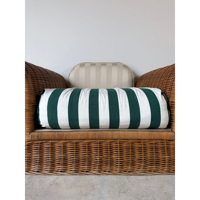 1970s Vintage Coastal Organic - Rattan Armchair With Rolled Arms & Striped Cushions For Sale - Image 9 of 15