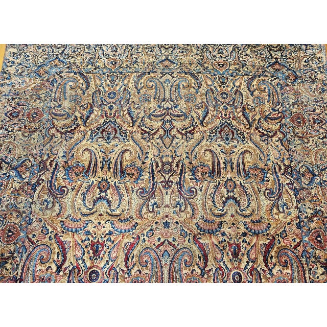 Antique Kerman Lavar Rug, Hand-Knotted Wool, All-Over Floral Pattern, Ivory & Blue, 9x12 For Sale - Image 11 of 16