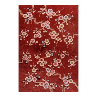 Luxurious Ruby Red Color With Lovely Floral Design Chinese Art Deco Rug For Sale