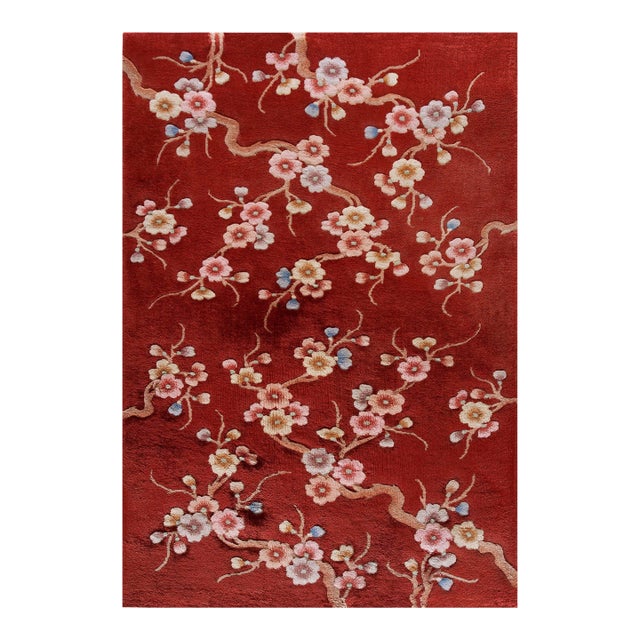 Luxurious Ruby Red Color With Lovely Floral Design Chinese Art Deco Rug For Sale