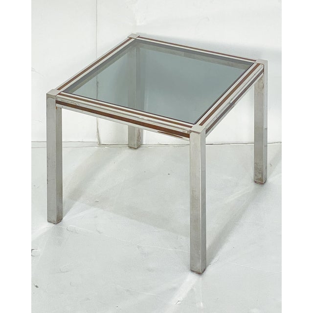 French French Modern Square Low Side Table of Chrome and Brass With Smoked Glass Top For Sale - Image 3 of 9