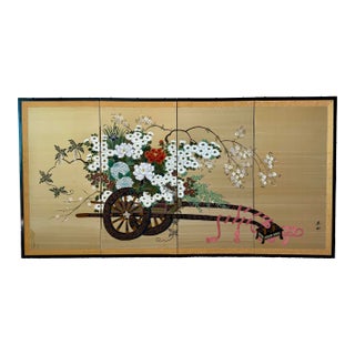 Vintage Japanese Gold Leaf Flower Cart Byobu Screen For Sale