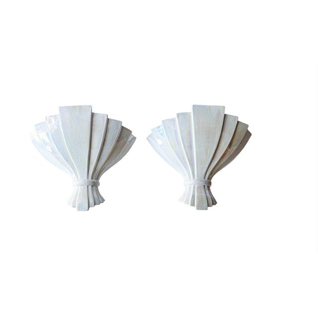 Fan Shaped Pearl Glazed Ceramic Wall Lamps, 1950s, Set of 2 For Sale - Image 13 of 13