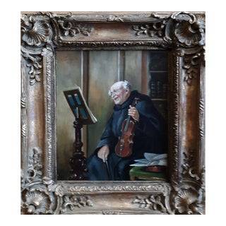 Antique German Monk Violinist Oil Painting Signed Max Scholz For Sale