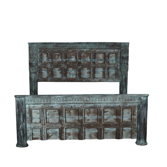 Blue Complete King Size Bed Constructed From an Antique Painted Teakwood Rajasthani Door and Pillars For Sale - Image 8 of 9