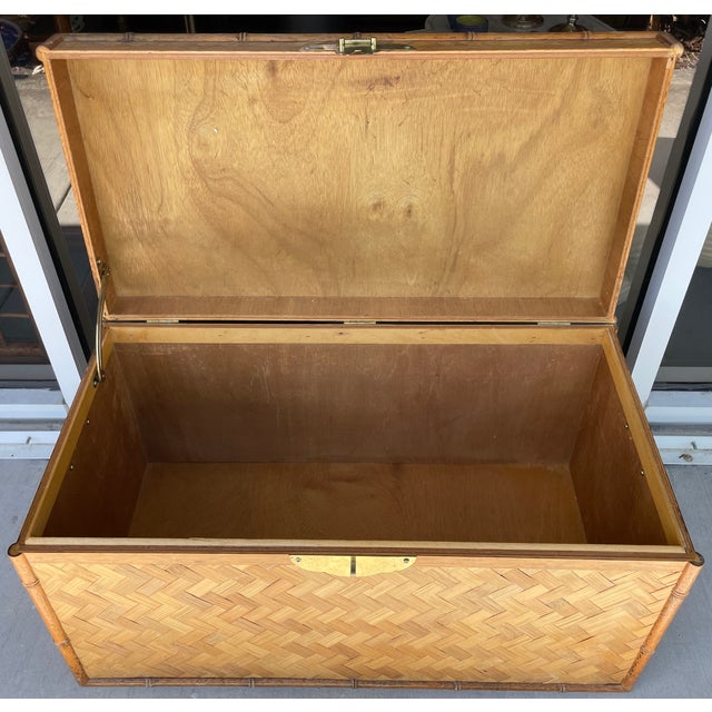 1970's Bamboo & Woven Wicker Herringbone Design Trunk For Sale - Image 4 of 7