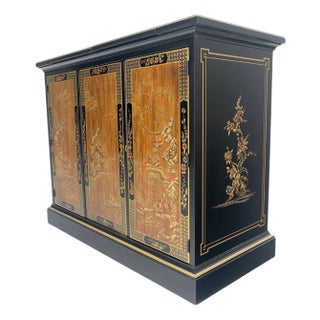 Drexel Flip Top Serving Sideboard Bar on Wheels Chinoiserie Style Black Lacquer For Sale