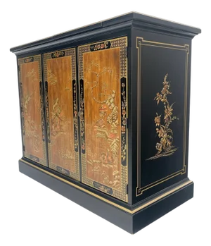 Drexel Flip Top Serving Sideboard Bar on Wheels Chinoiserie Style Black Lacquer