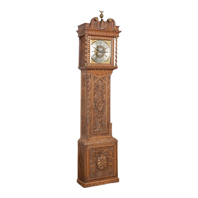 19th Century Heavily Carved English Oak Grandfather Clock For Sale