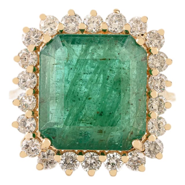 Certified 7.45Ct Zambian Emerald & 1.01Ct Diamond Halo Ring in 14k Yellow Gold Size 6 For Sale