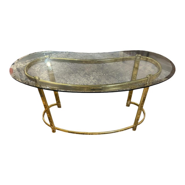 Vintage Hollywood Regency Brass and Kidney-Shaped Glass Writing Desk For Sale