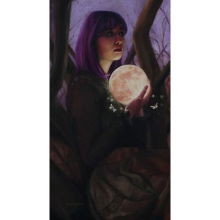 Moon Glow by Sara Scribner | Oil on Aluminum Portrait of a woman holding a glowing moon. For Sale