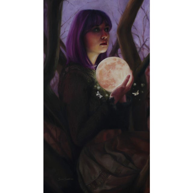 Moon Glow by Sara Scribner | Oil on Aluminum Portrait of a woman holding a glowing moon. For Sale