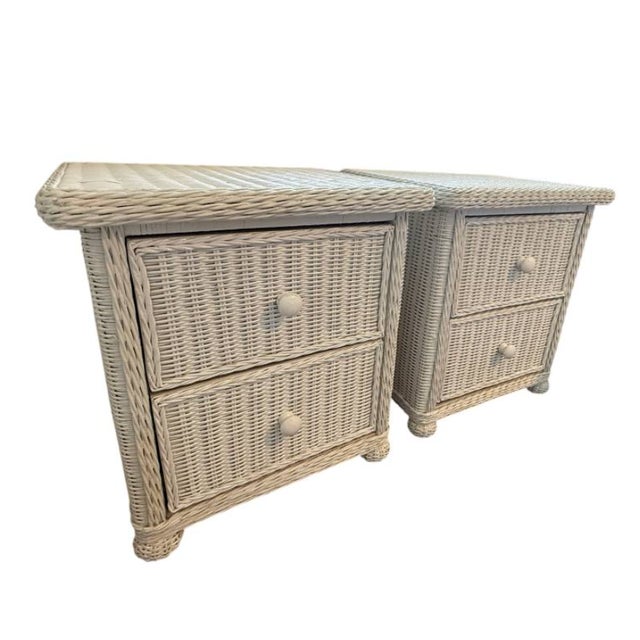 Coastal Pair, Wicker, End Tables, Vintage All Wood, Wicker Exterior For Sale - Image 3 of 10